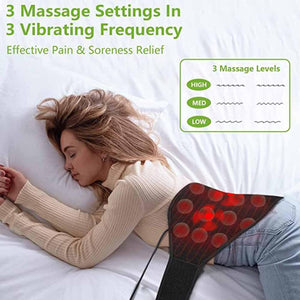 UTK Technology massage belt with three vibration levels shown on a woman lying on a bed