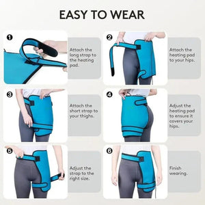 Six step instructional diagram showing how to wear a blue hip heating pad with straps