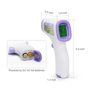 UTK Technology infrared thermometer with dimensions and battery compartment view