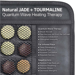 UTK Technology heating pad with jade and tourmaline stones and text detailing quantum wave and infrared therapy benefits