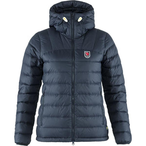 FjallRaven navy blue hooded down jacket with front zipper and logo patch