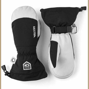 Hestra black and white insulated mittens with adjustable wrist straps and carabiner