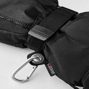 Hestra black glove with velcro wrist strap and metal carabiner attachment