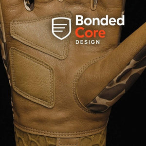 Tan leather palm of a Glacier Glove featuring the Bonded Core Design logo
