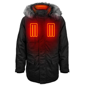 ActionHeat black parka with faux fur hood and highlighted heating zones on chest and collar