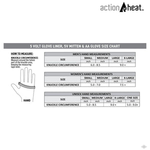 ActionHeat glove size chart showing knuckle circumference measurements for men women and unisex sizing