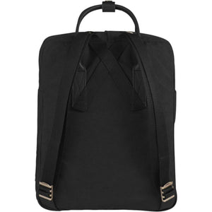 Back view of a black FjallRaven Kanken backpack with adjustable shoulder straps and top handle