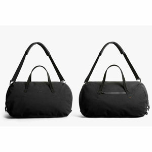 Bellroy black duffel bag shown from front and back views