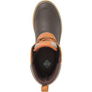 Top view of Muck brown waterproof boot with tan leather accents and lace up closure