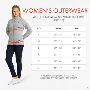 Venture Heat women outerwear size chart showing chest and hip measurements for sizes small to 3XL in inches