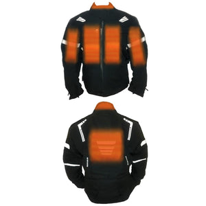 Black motorcycle jacket showing front and back heating zones highlighted in orange