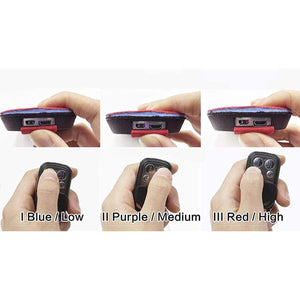 Dr Warm heating device showing blue low purple medium and red high temperature settings with remote control
