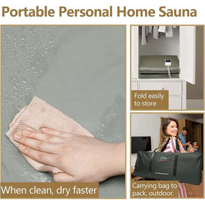 UTK portable personal home sauna showing cleaning, storage, and carrying bag features