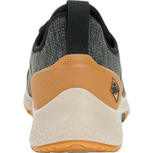 Rear view of Muck waterproof sneaker with grey knit upper and tan heel counter