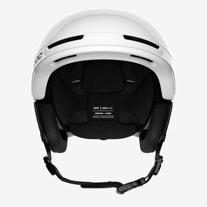 Interior view of a white POC Obex Pure ski helmet showing black padding and adjustable chin strap