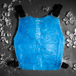 AlphaCool blue gel cooling vest insert surrounded by ice cubes