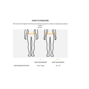 Nathan size guide showing how to measure hips and waist in centimeters and inches