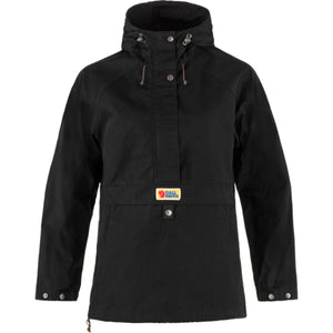 FjallRaven black hooded anorak jacket with front pocket and snap button closure