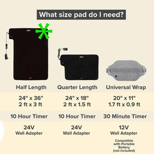 Comparison chart of Venture heat pad sizes including dimensions, timer settings, and power adapter specifications