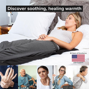Woman lying on a Venture Heat heating pad with various people showing pain relief areas