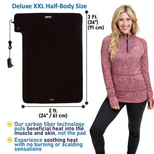 Venture Heat deluxe XXL half body heating pad with dimensions and woman wearing a red long sleeve shirt