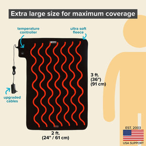 Venture extra large heating pad with temperature controller and upgraded cables showing dimensions of 2 by 3 feet