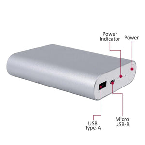 Silver power bank showing USB Type-A port, Micro USB-B port, power indicator, and power button