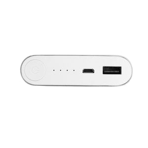 Top view of a white power bank showing power button, LED indicators, micro USB port, and USB port