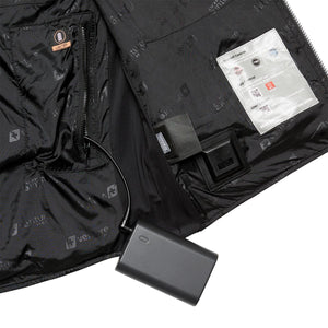 Venture Heat jacket interior with battery pack connected and instruction label