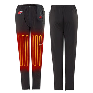 Venture Heat black heated pants showing front and back views with internal heating elements highlighted