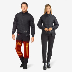 Man and woman wearing Venture Heat black heated jackets and pants