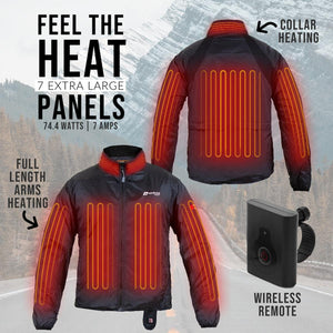 Venture Heat jacket showing seven heating panels in arms and collar with a wireless remote control