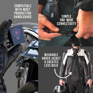 Motorcycle heated gear showing handlebar control, one wire connection, and slim fit under a riding jacket