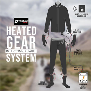 Venture Heat interconnectable heated gear system diagram showing jacket pants gloves socks and 12V battery connection