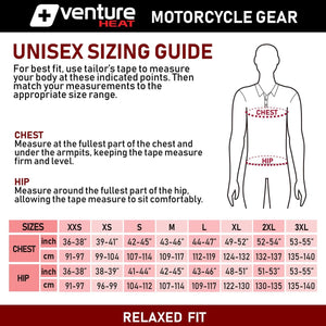 Venture Heat unisex sizing guide chart for motorcycle gear showing chest and hip measurements in inches and centimeters