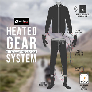 Venture Heat interconnectable heated gear system diagram showing jacket pants gloves socks and battery connections