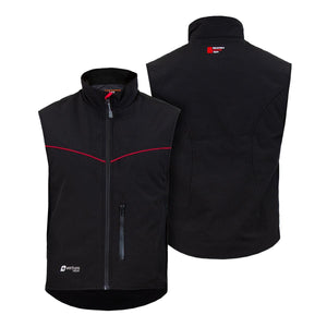 Front and back view of a black Venture Heat softshell vest with red piping