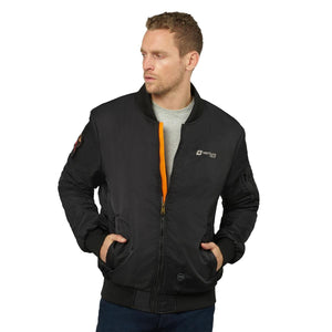 Man wearing a black Venture Heat bomber jacket with orange inner lining