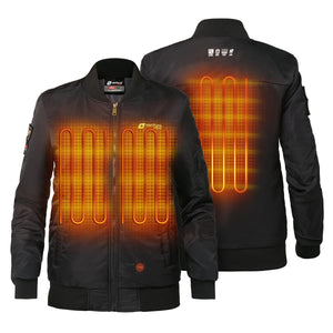 Venture Heat black bomber jacket showing front and back internal heating elements