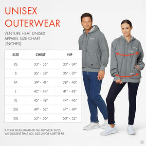 Venture Heat unisex outerwear size chart showing chest and hip measurements in inches for sizes XS to 3XL