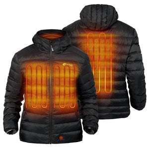 Venture Heat black hooded puffer jacket showing internal heating elements on front and back