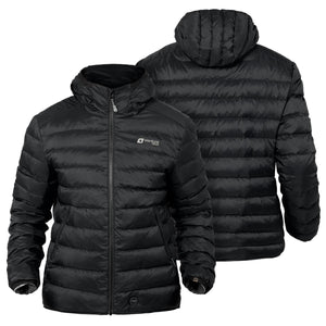 Venture Heat black hooded puffer jacket showing front and back views