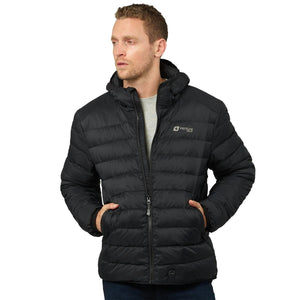 Man wearing a black Venture Heat hooded puffer jacket