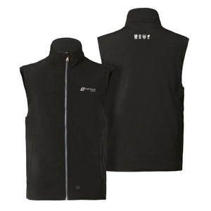 Front and back view of a black Venture Heat heated vest with a front zipper and logo