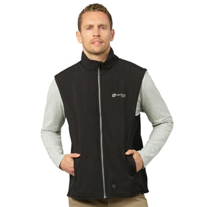 Man wearing a black Venture Heat softshell heated vest over a grey long sleeve shirt