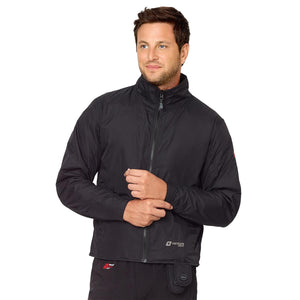 Man wearing a black Venture Heat heated jacket with a front zipper and high collar