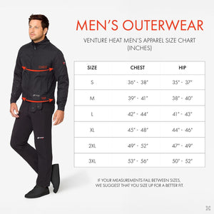 Venture Heat men's outerwear size chart showing chest and hip measurements in inches for sizes small to 3XL
