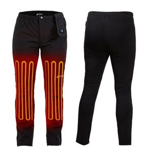 Venture Heat black heated pants showing front and back views with glowing heating elements on thighs
