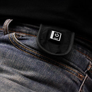 Venture Heat power button control on blue jeans