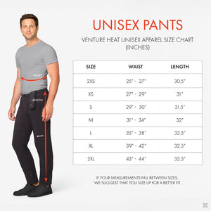 Venture Heat unisex pants size chart showing waist and length measurements in inches for sizes 2XS to 2XL